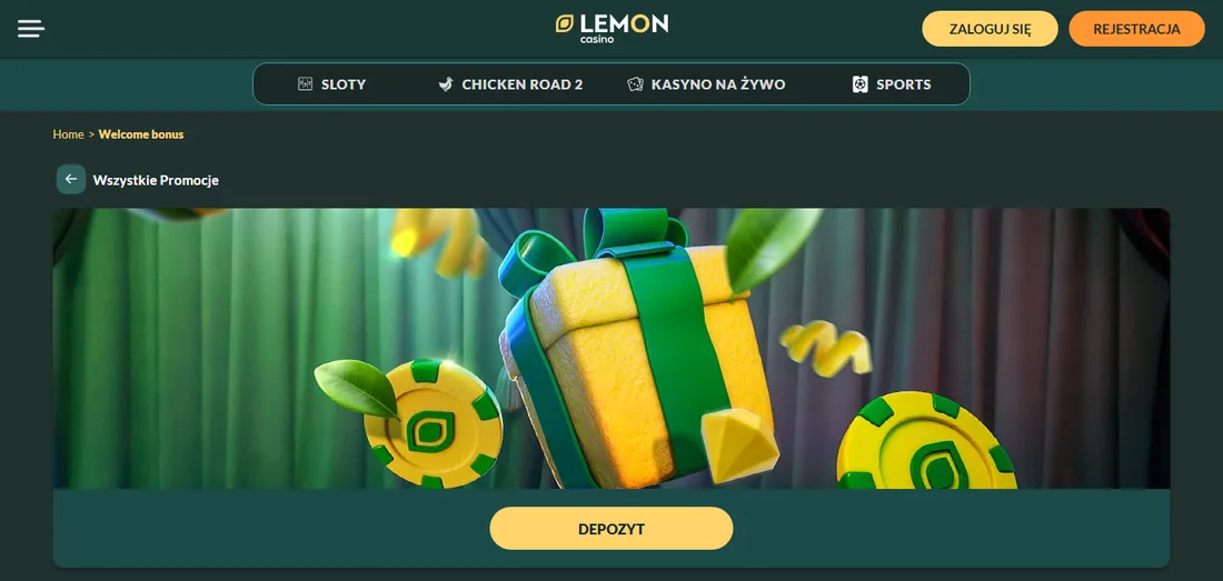 Strona bonusu powitalnego Lemon Casino: baner z prezentem i żetonami oraz przycisk Depozyt