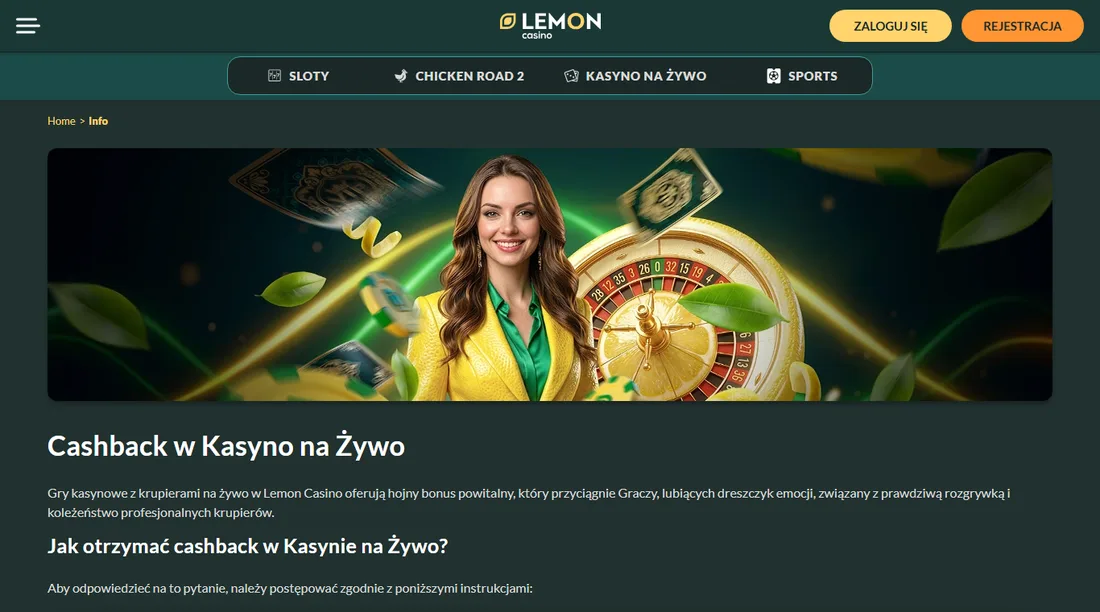 Strona Cashback w Kasynie na Żywo w Lemon Casino: baner z krupierką przy stole do ruletki