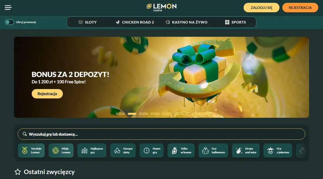 Lobby Lemon Casino: baner promocyjny, menu Sloty, Chicken Road 2, Kasyno na żywo i Sports, wyszukiwarka gier oraz kafelki kategorii