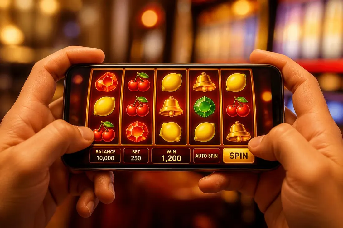 Dłonie trzymają telefon z grą slot online