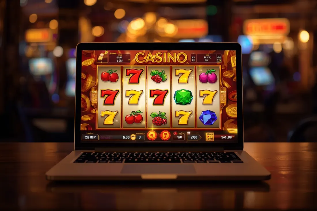 Laptop z grą slot online w trakcie spinu