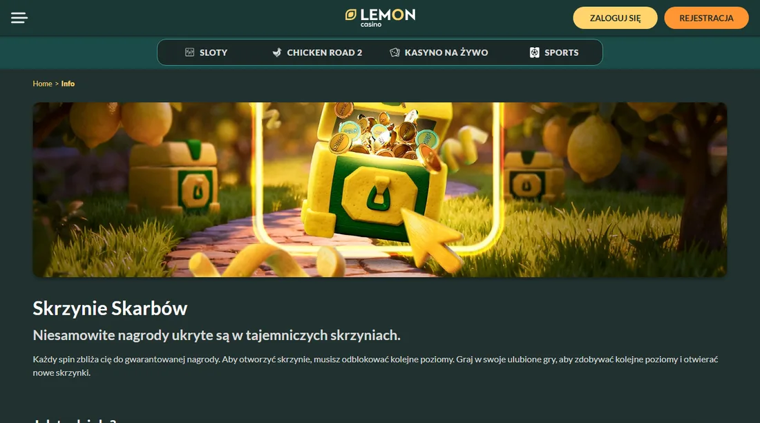 Strona promocji Skrzynie Skarbów w Lemon Casino z ilustracją skrzyni pełnej monet