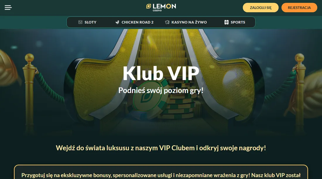Strona Klub VIP w Lemon Casino z hasłem „Podnieś swój poziom gry!” i opisem programu Strona Klub VIP w Lemon Casino z hasłem „Podnieś swój poziom gry!” i opisem programu